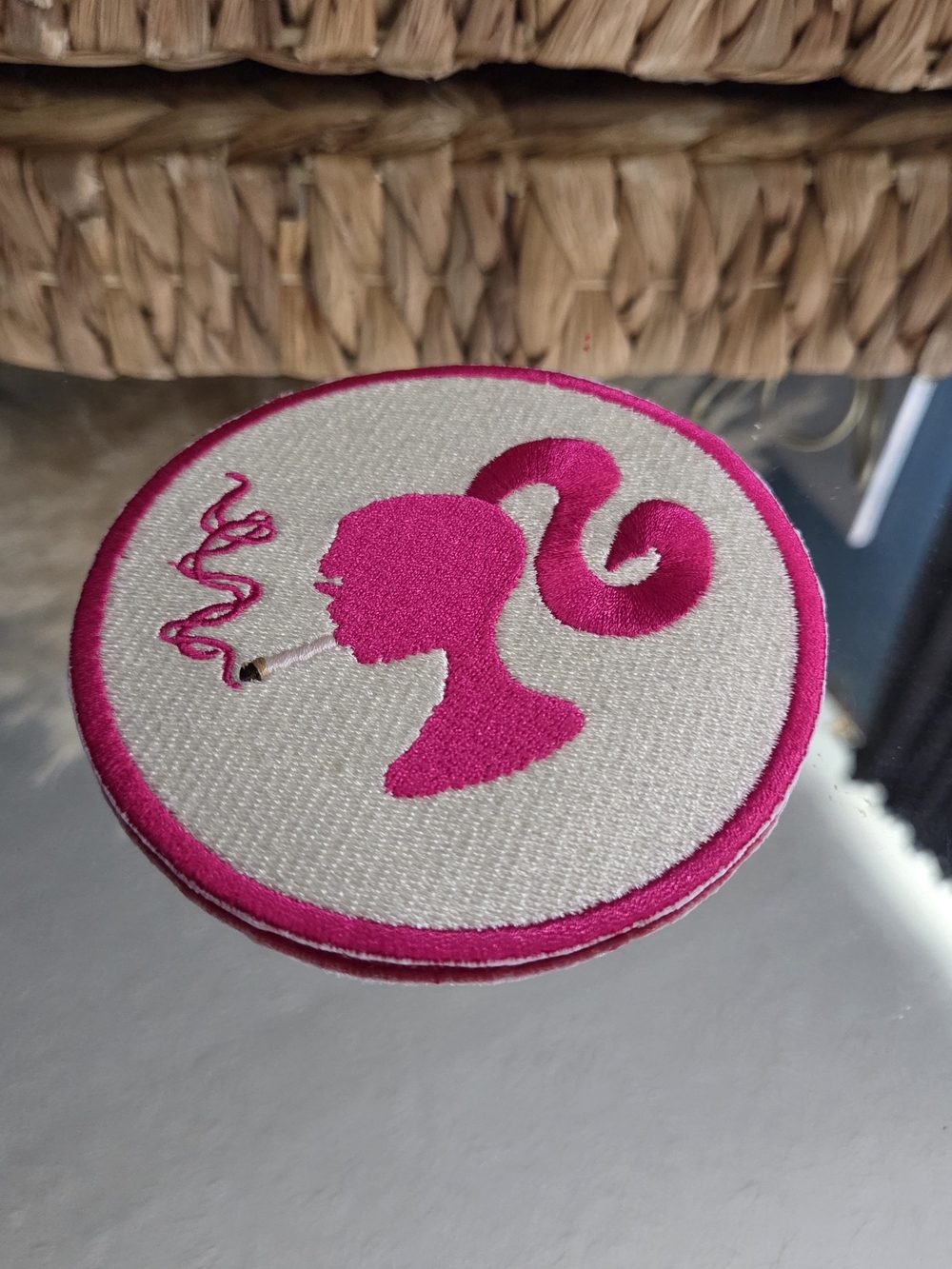 LOW START Bad Barbie Smoking Silhouette Embroidered Iron-On Patch Pink 4"  Y2K